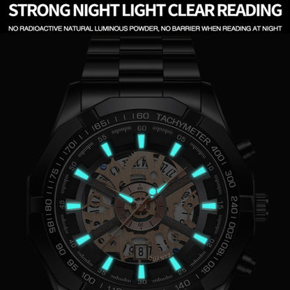 BINBOND S033 Hollowed Mechanical 30m Waterproof Luminous Quartz Watch, Black Steel-Black-Gold, Black Steel-Black-Rose Gold, Full Gold-Black-Gold