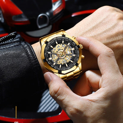 BINBOND S033 Hollowed Mechanical 30m Waterproof Luminous Quartz Watch, Black Steel-Black-Gold, Black Steel-Black-Rose Gold, Full Gold-Black-Gold