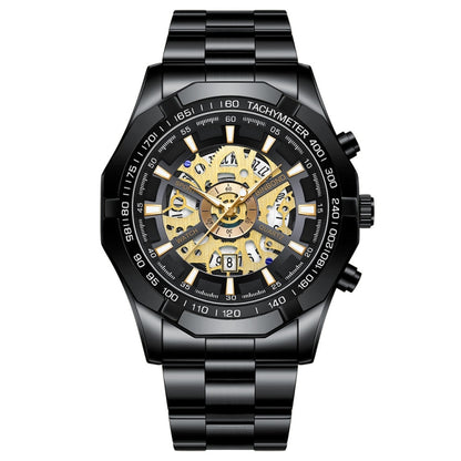 BINBOND S033 Hollowed Mechanical 30m Waterproof Luminous Quartz Watch, Black Steel-Black-Gold, Black Steel-Black-Rose Gold, Full Gold-Black-Gold