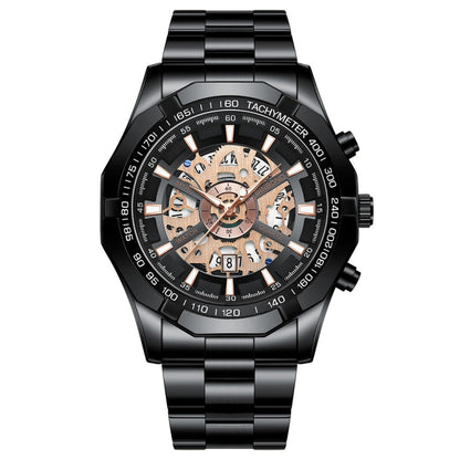 BINBOND S033 Hollowed Mechanical 30m Waterproof Luminous Quartz Watch, Black Steel-Black-Gold, Black Steel-Black-Rose Gold, Full Gold-Black-Gold