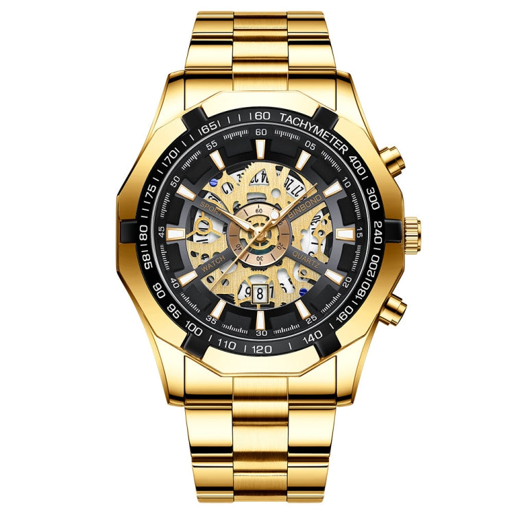BINBOND S033 Hollowed Mechanical 30m Waterproof Luminous Quartz Watch, Black Steel-Black-Gold, Black Steel-Black-Rose Gold, Full Gold-Black-Gold