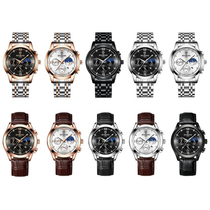 BINBOND B3591 30m Waterproof Luminous Calendar Men Watch, Black Steel-Black, Black Leather-White-Black, Brown Leather-White-White