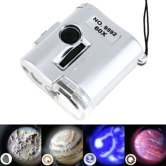 60X Portable Microscope With LED Lamp Jewelry Identification Magnifier With Leather Case Latch Rope, 9592