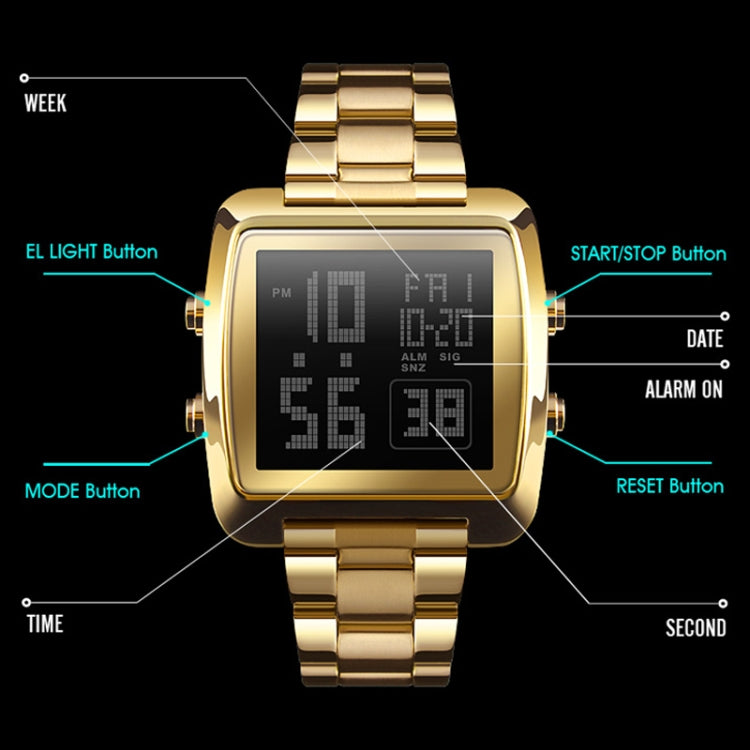 SKMEI 1369 Retro Waterproof Gold Watch Men Steel Belt Luminous Square Watch, 1369 Silver, 1369 Black, 1369 Rose Gold, 1369 Gold