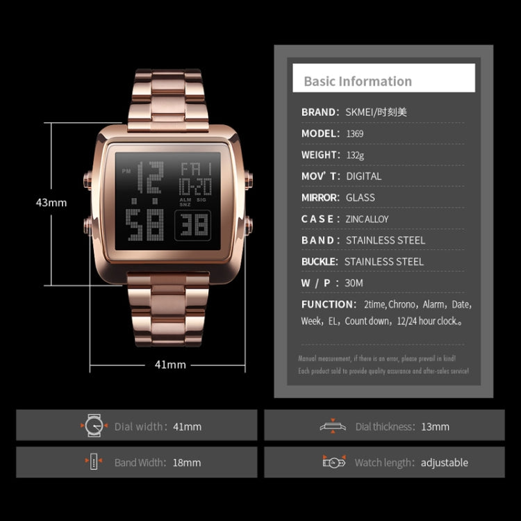 SKMEI 1369 Retro Waterproof Gold Watch Men Steel Belt Luminous Square Watch, 1369 Silver, 1369 Black, 1369 Rose Gold, 1369 Gold