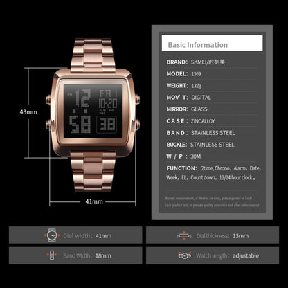 SKMEI 1369 Retro Waterproof Gold Watch Men Steel Belt Luminous Square Watch, 1369 Silver, 1369 Black, 1369 Rose Gold, 1369 Gold
