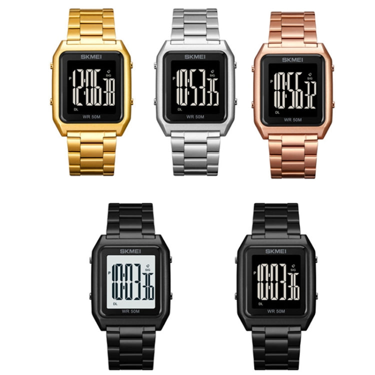 SKMEI 1879 Square Large Screen Men Steel Belt Multi-function EL Luminous Watch, Rose Gold, Gold, Silver, Black Black Machine
