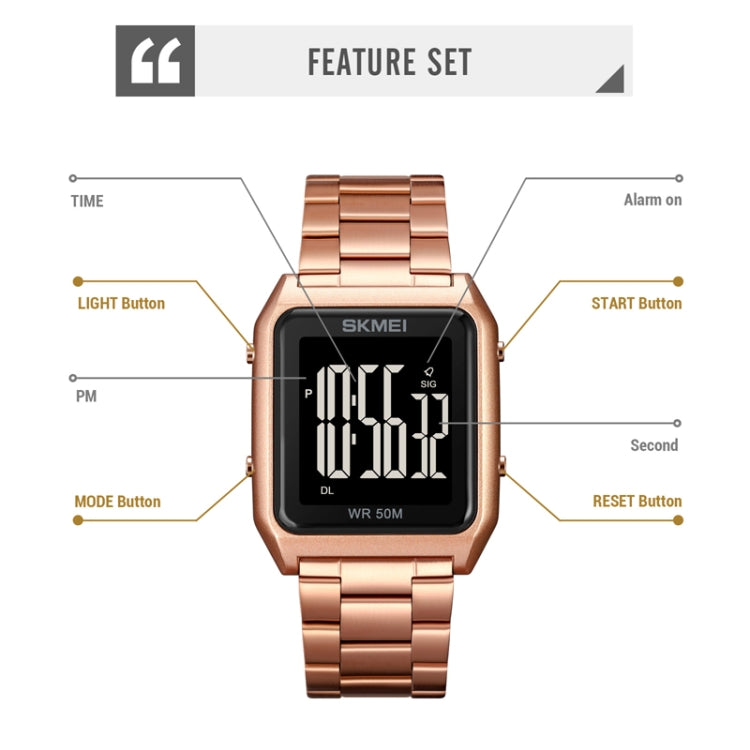 SKMEI 1879 Square Large Screen Men Steel Belt Multi-function EL Luminous Watch, Rose Gold, Gold, Silver, Black Black Machine