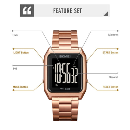 SKMEI 1879 Square Large Screen Men Steel Belt Multi-function EL Luminous Watch, Rose Gold, Gold, Silver, Black Black Machine