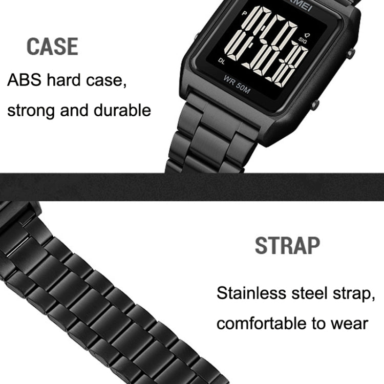 SKMEI 1879 Square Large Screen Men Steel Belt Multi-function EL Luminous Watch, Rose Gold, Gold, Silver, Black Black Machine