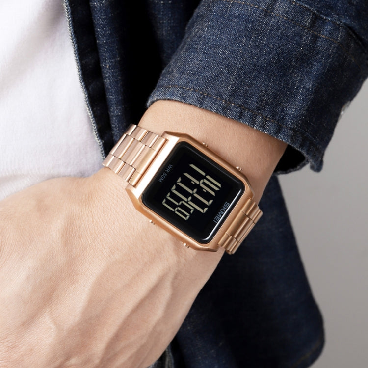 SKMEI 1879 Square Large Screen Men Steel Belt Multi-function EL Luminous Watch, Rose Gold, Gold, Silver, Black Black Machine