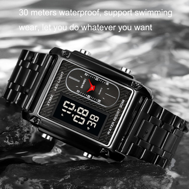 SKMEI 1868 Square Double Display Waterproof Men Watch, Style:, Steel Belt (Black), Leather Belt (Black), Steel Belt (Rose Gold), Leather Belt (Rose Gold), Steel Belt (Gold), Leather Belt (Gold), Steel Belt (Silver), Leather Belt (Silver)