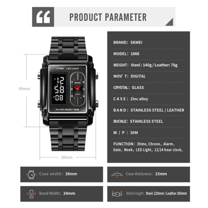 SKMEI 1868 Square Double Display Waterproof Men Watch, Style:, Steel Belt (Black), Leather Belt (Black), Steel Belt (Rose Gold), Leather Belt (Rose Gold), Steel Belt (Gold), Leather Belt (Gold), Steel Belt (Silver), Leather Belt (Silver)