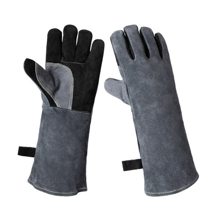 Cowhide BBQ Gloves Thickened Anti-hot Oven Welding Protection Gloves, A2415 16 inch Gray Black, A2416 14 inch Gray, A2416 14 inch Gray Black