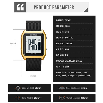 SKMEI 1866 Square Large Screen Men Steel Belt Multi-function Night Light Alarm Clock Watch, 1866, 1866 Rose Gold White Machine, 1866 Rose Gold Black Machine, 1866 Gold White Machine, 1866 Gold Black Machine, 1866 Silver White Machine                   ...