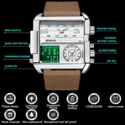 BINBOND B3332 Square Multifunctional Sports Quartz Waterproof Watch