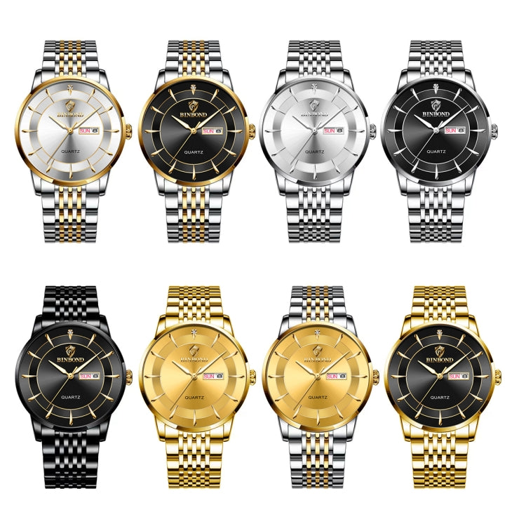 BINBOND B2077 30M Waterproof Quartz Luminous Watch Butterfly Buckle Men's Steel Belt Watch