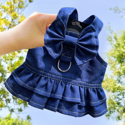Pet Cat Denim Skirt Chest Back Leash for Dog Walking, XS, S, M, L, XL, XXL, XXXL