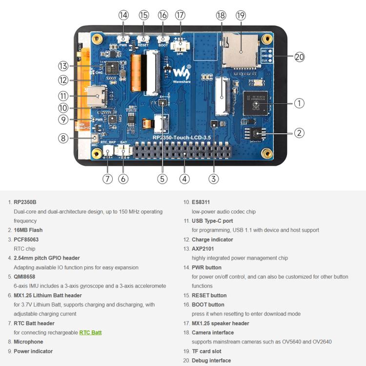 Waveshare RP2350 Dual-Core Development Board With 3.5-Inch 320x480 LCD, 65K Color Display, Standard Ver, With Case and OV5640 camera