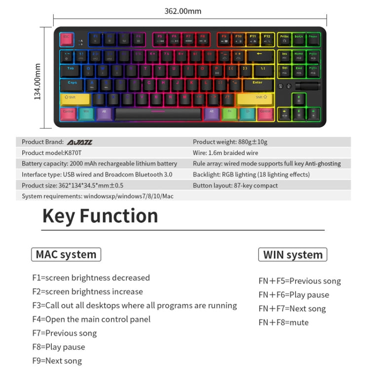Ajazz K870T 87-Key Hot Swap Bluetooth/Wired Dual Mode RGB Backlight Office Game Mechanical Keyboard, Hot Swap Tea Shaft (Black), Hot Swap Red Shaft (White), Hot Swap Red Shaft (Black), Hot Swap Green Shaft (Black), Hot Swap Green Shaft (White)...