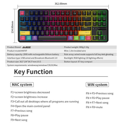 Ajazz K870T 87-Key Hot Swap Bluetooth/Wired Dual Mode RGB Backlight Office Game Mechanical Keyboard, Hot Swap Tea Shaft (Black), Hot Swap Red Shaft (White), Hot Swap Red Shaft (Black), Hot Swap Green Shaft (Black), Hot Swap Green Shaft (White)...