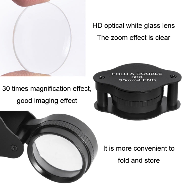 30x 30mm Optical Glass Lens Jewelry Appraisal Folding Magnifier, 30X