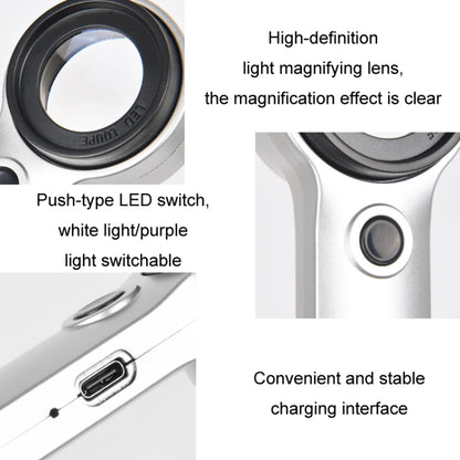30X Handheld Rechargeable Jewelry Appraisal Magnifier LED Currency Detector Light