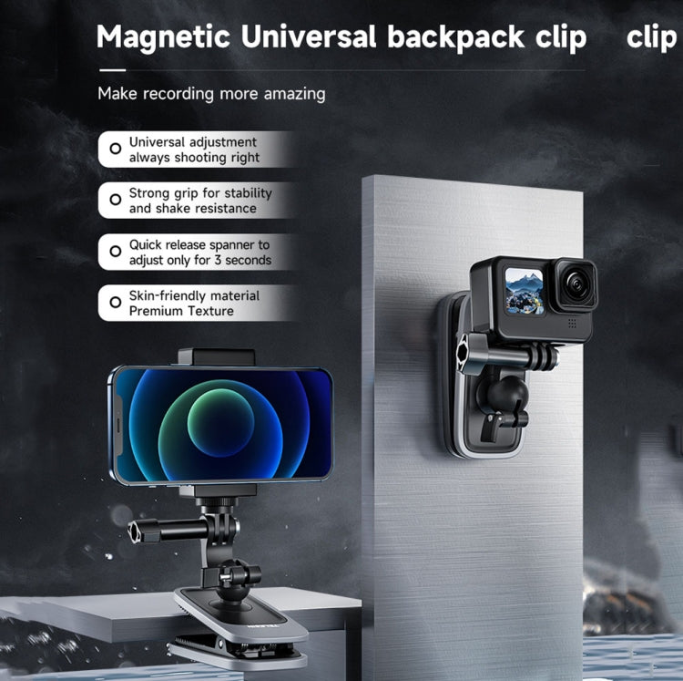 TELESIN 360 Degree Rotation Magnetic Backpack Clip Clamp Mount For Action Camera, TELESIN