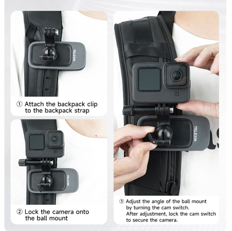 TELESIN 360 Degree Rotation Magnetic Backpack Clip Clamp Mount For Action Camera, TELESIN