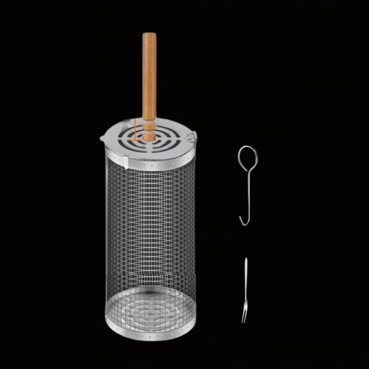 Upgrade Flip-top Lid BBQ Cage Stainless Steel Rolling Grilling Basket With Wooden Handle, Small, Large, Small+Large