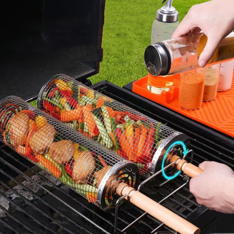 Upgrade Flip-top Lid BBQ Cage Stainless Steel Rolling Grilling Basket With Wooden Handle, Small, Large, Small+Large