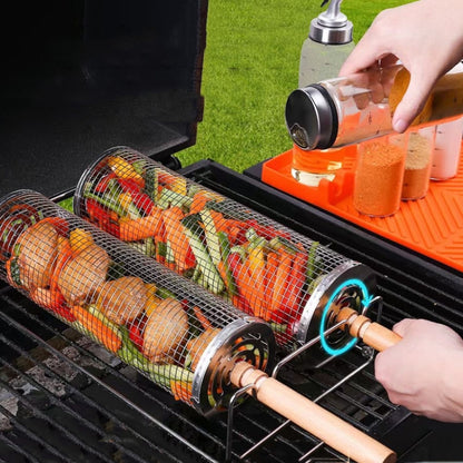 Upgrade Flip-top Lid BBQ Cage Stainless Steel Rolling Grilling Basket With Wooden Handle, Small, Large, Small+Large