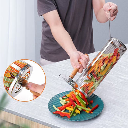 Upgrade Flip-top Lid BBQ Cage Stainless Steel Rolling Grilling Basket With Wooden Handle, Small, Large, Small+Large