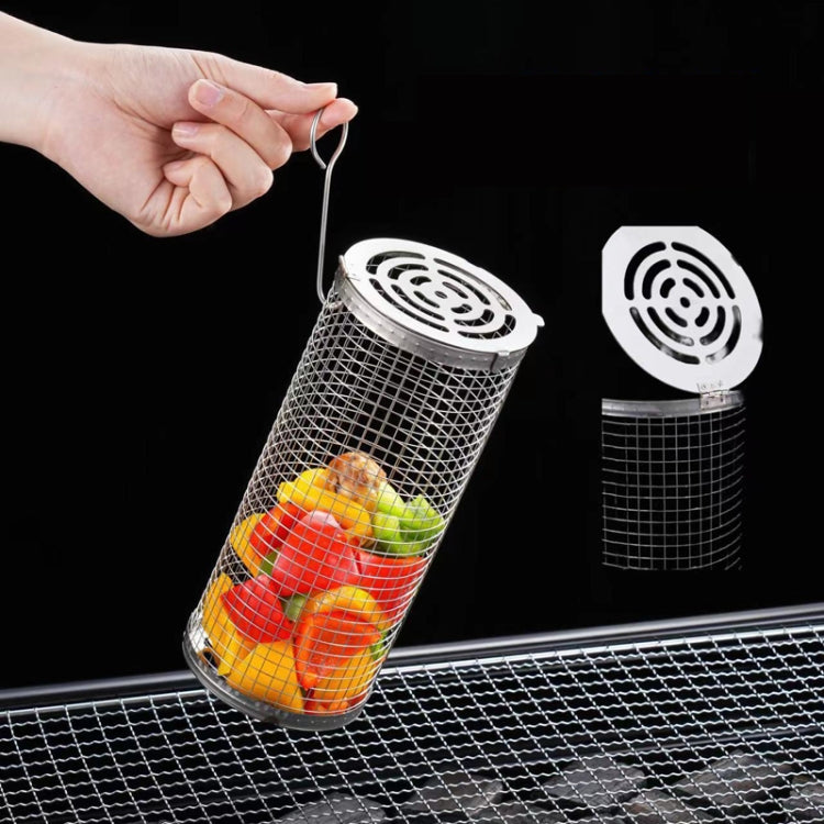 Upgrade Flip-top Lid BBQ Cage Stainless Steel Rolling Grilling Basket With Wooden Handle, Small, Large, Small+Large