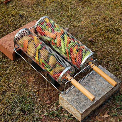 Upgrade Flip-top Lid BBQ Cage Stainless Steel Rolling Grilling Basket With Wooden Handle, Small, Large, Small+Large