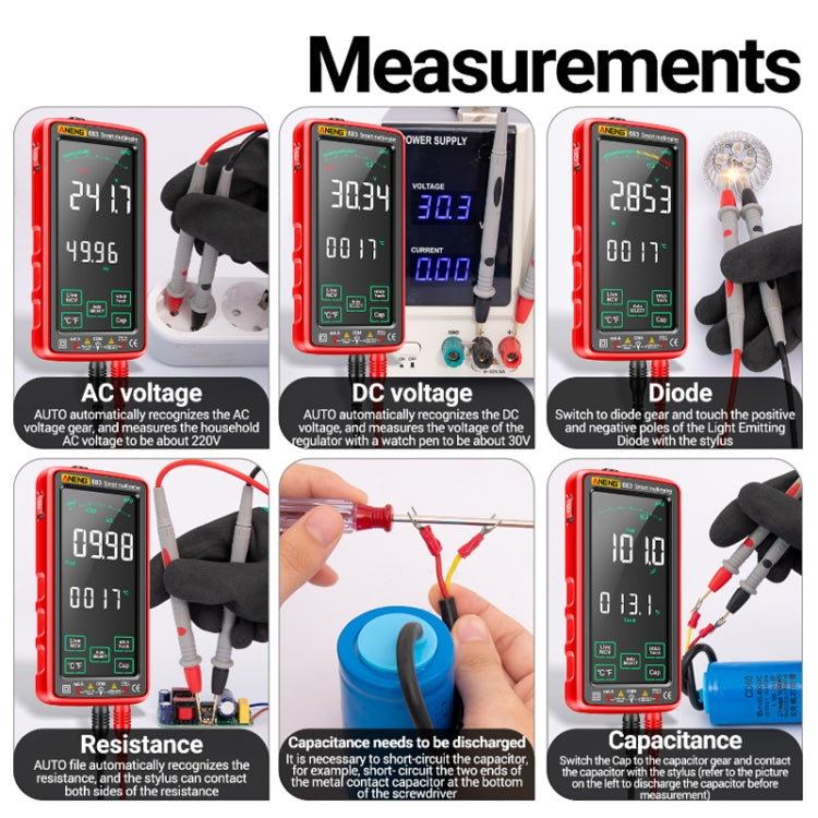 ANENG 683 Smart Touch Screen Automatic Range Rechargeable Multimeter, 683 Black, 683 Red