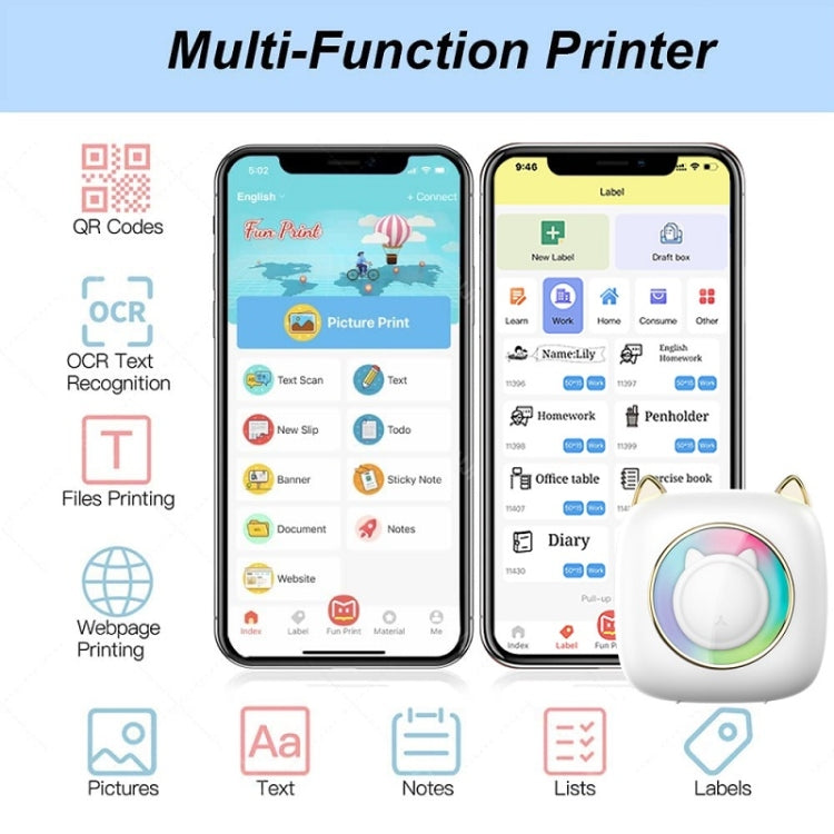 C23 Seven Colors Atmosphere Breathing Light Wireless Thermal Printer, C23 White+5 Rolls Thermal Paper, C23 White+3 Rolls Color Paper, C23 Blue+5 Rolls Thermal Paper, C23 Blue+3 Rolls Color Paper, C23 Blue Standard