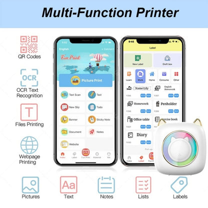 C23 Seven Colors Atmosphere Breathing Light Wireless Thermal Printer, C23 White+5 Rolls Thermal Paper, C23 White+3 Rolls Color Paper, C23 Blue+5 Rolls Thermal Paper, C23 Blue+3 Rolls Color Paper, C23 Blue Standard