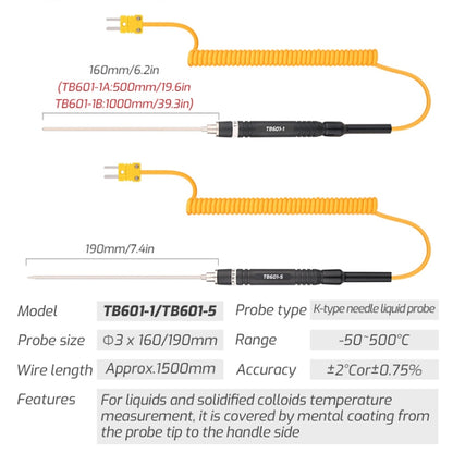 K-Type Probe Use With Thermometer, TASI TB601-1 Liquid Probe, TASI TB601-2 Surface Probe, TASI TB601-3 Surface Thermocouple, TASI TB601-4 Elbow Surface Thermocouple, TASI TB601-5 Pointed Needle Liquid Probe