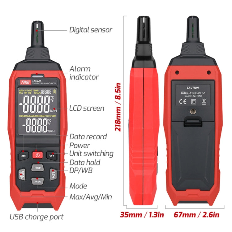 Temperature Humidity Meter Digital Dew Point Thermometer, TASI TA622A, TASI TA622B USB Computer Connection