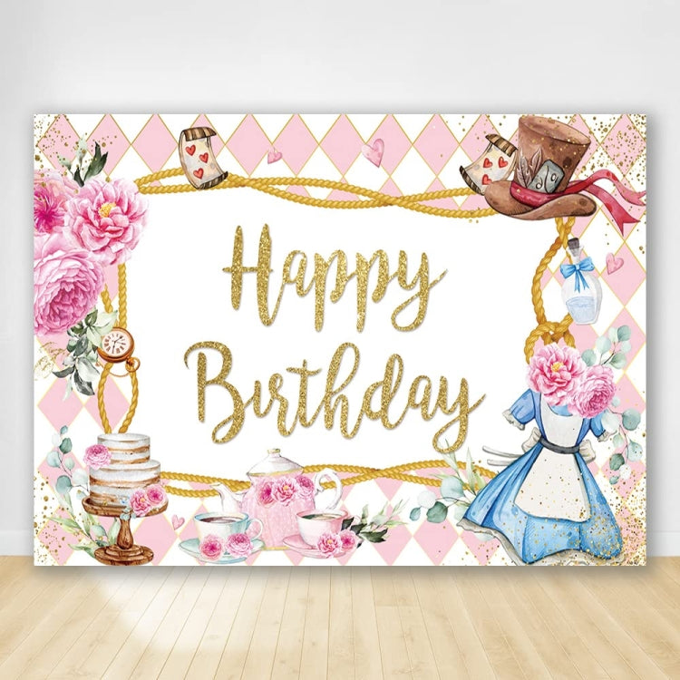 Pink Flowers Cake Cartoon Birthday Background Cloth Birthday Decoration Banner Hanging Flags, 150 x 100cm, 180 x 120cm, 210 x 150cm