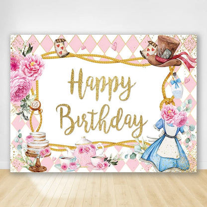 Pink Flowers Cake Cartoon Birthday Background Cloth Birthday Decoration Banner Hanging Flags, 150 x 100cm, 180 x 120cm, 210 x 150cm