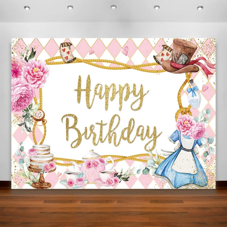 Pink Flowers Cake Cartoon Birthday Background Cloth Birthday Decoration Banner Hanging Flags, 150 x 100cm, 180 x 120cm, 210 x 150cm