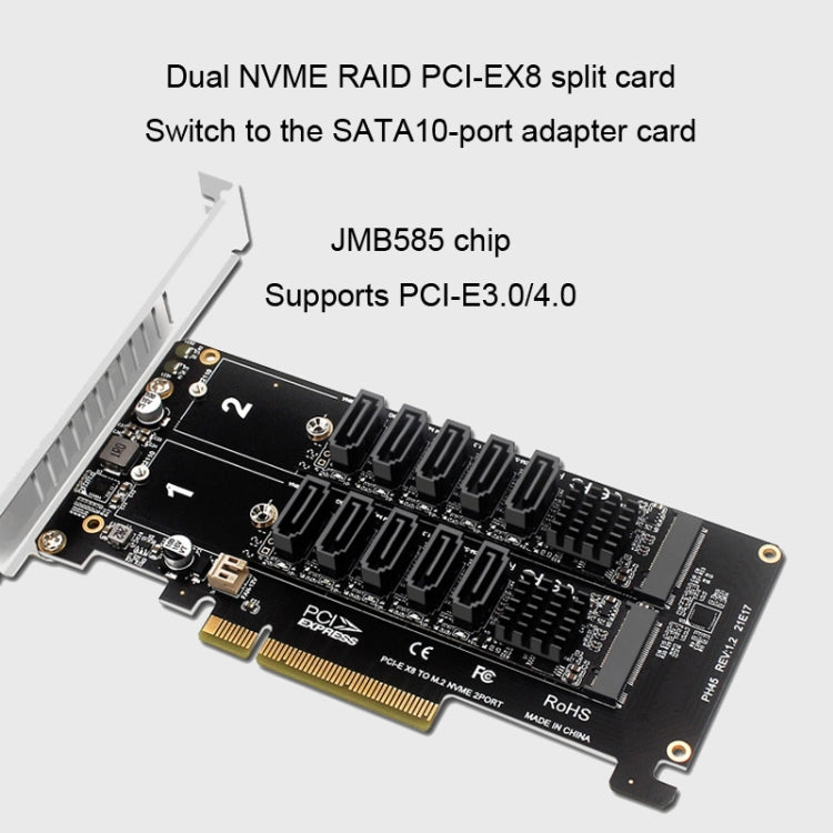 Double NVME Raid PCI-EX8 Split Card To SATA10 Port Transfer Card, 10 Port
