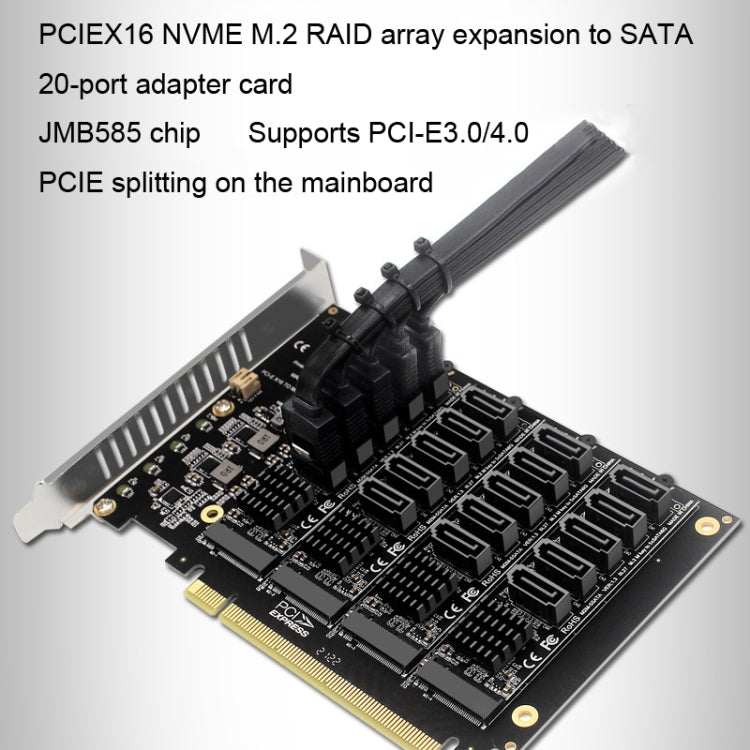 PCIEX16 NVME M.2 RAID Array Expansion SATA 20 Port Transfer Card, 20 Port