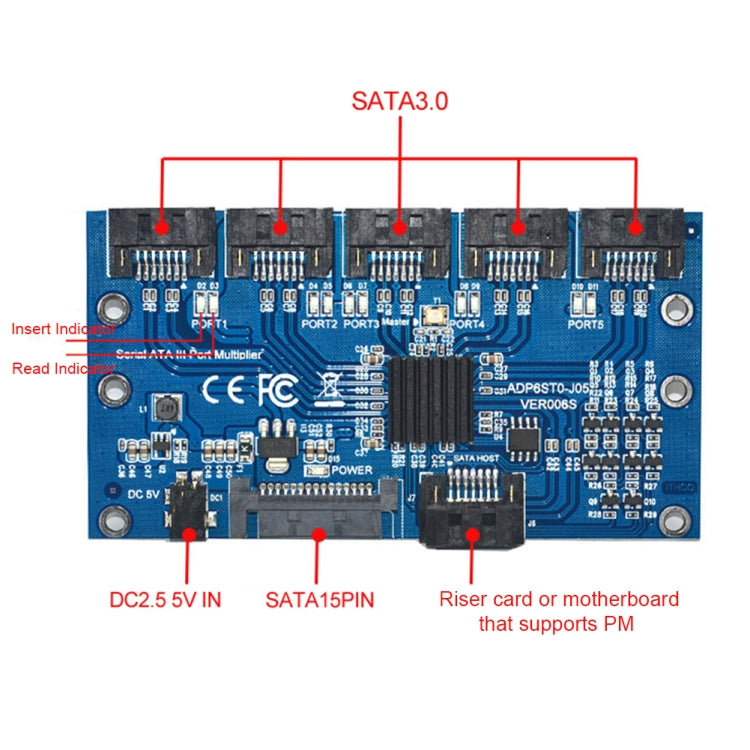 SATA Expansion Card 1 to 5 Port Riser Card, SATA3.0 6Gbps JMB575 Chip, SATA2.0 3Gbps JMB321 Chip