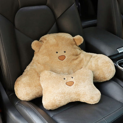 Car Cartoon Bear Plush Seat Upholstery Pillow, Headrest Brown, Lumbar Pillow Brown, Headrest White, Lumbar Pillow White
