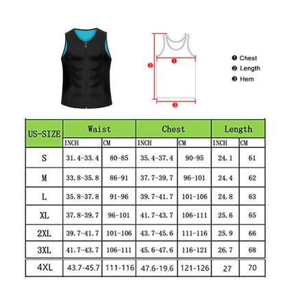 Men Fitness Corset Neoprene Sports Tummy Control Shapewear Zipper Tank Top Workout Wear, S, M, L, XL, XXL, 3XL, 4XL