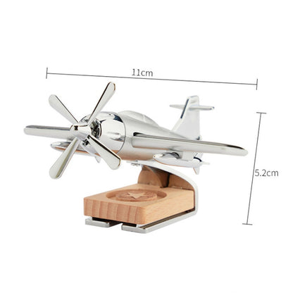 Solar Car Airplane Ornament Solid Aroma Diffuser Car Rotating Decoration Items, Wooden Base (Silver)