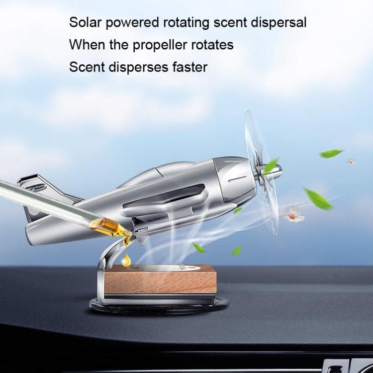 Solar Car Airplane Ornament Solid Aroma Diffuser Car Rotating Decoration Items, Wooden Base (Silver)